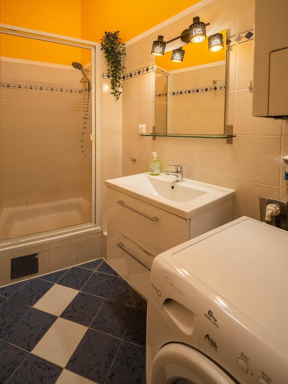 Shower, Bathroom, Decorative detail, hair dryier, towels, washing machine
