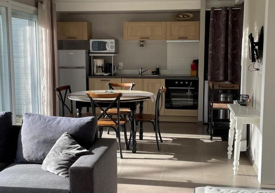 Kitchen or kitchenette, Living room, Seating area, Dining area, stove