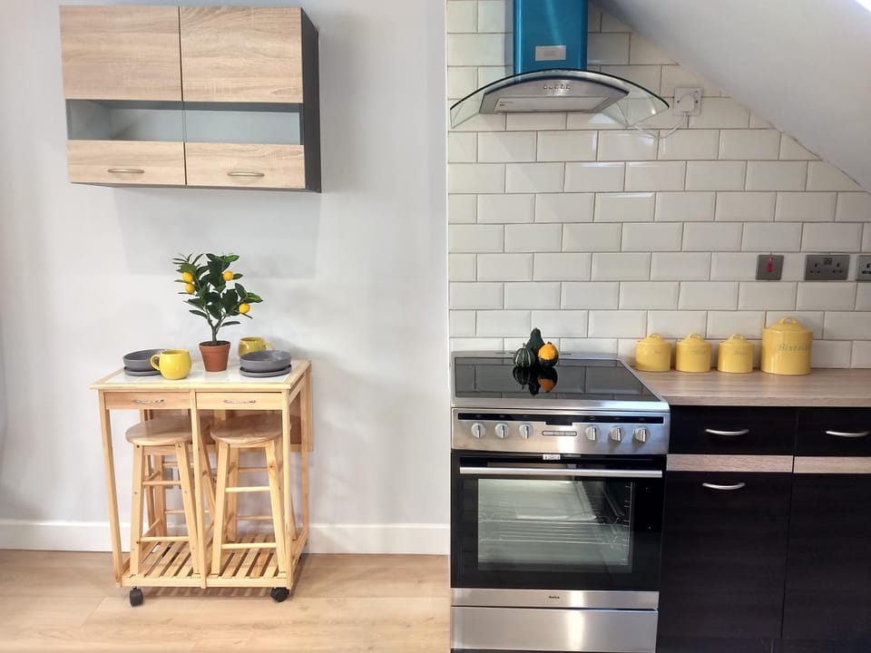 Kitchen or kitchenette, stove