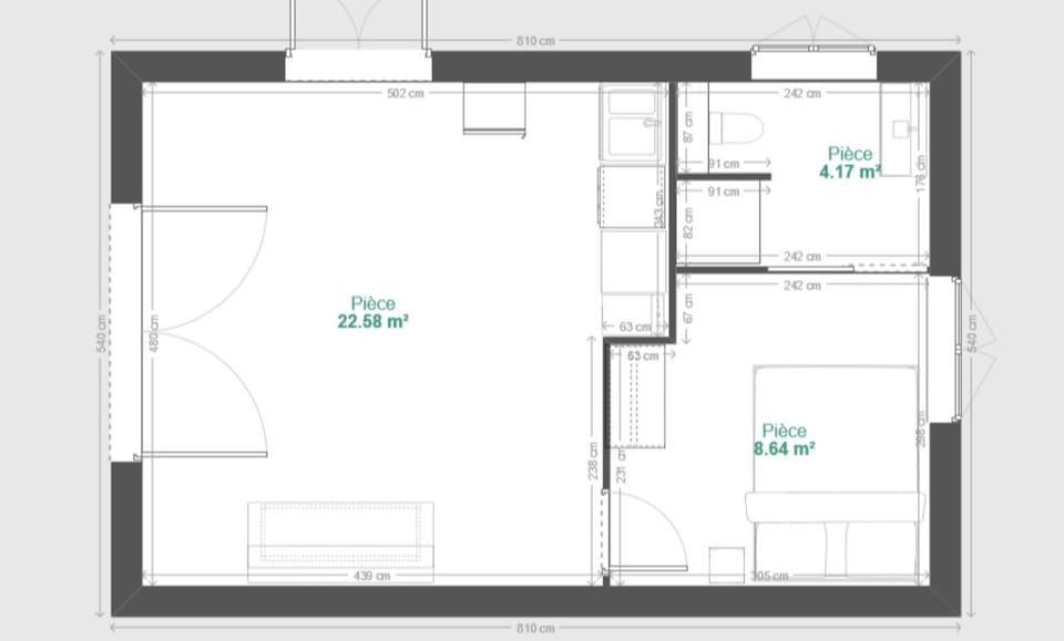 Bathroom, Kitchen or kitchenette, Living room, Floor plan, Bedroom