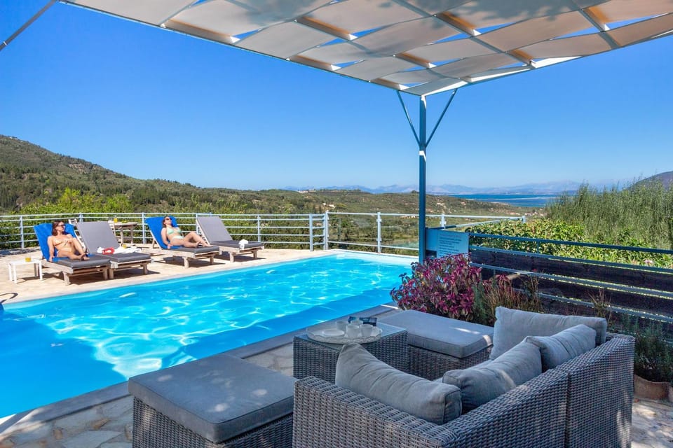 Property building, Patio, Day, Natural landscape, View (from property/room), Balcony/Terrace, Living room, Seating area, Garden view, Mountain view, Swimming pool, sunbed