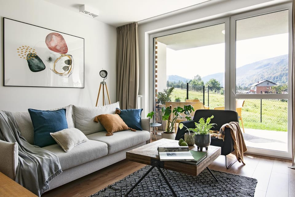 Natural landscape, Garden, Living room, Seating area, Garden view, Mountain view