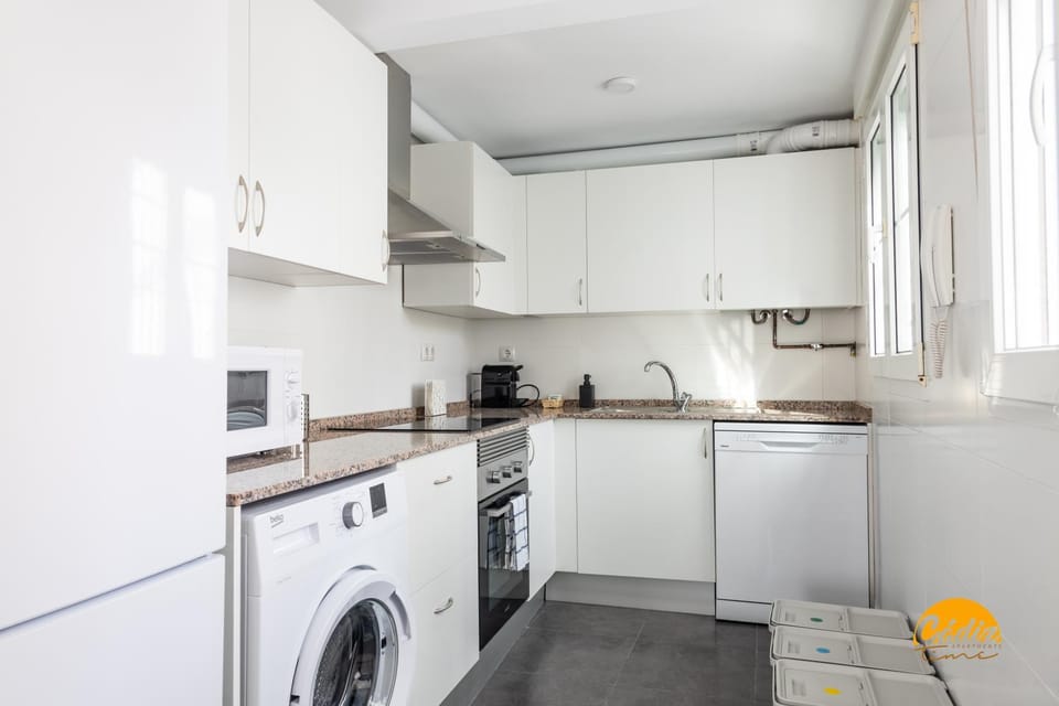 Kitchen or kitchenette, dishwasher, oven, stove, toaster, washing machine
