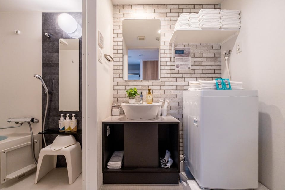 Bathroom, Bath, hair dryier, towels, washing machine