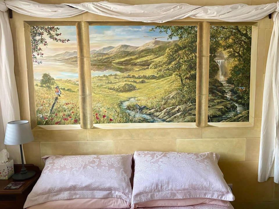 Bed, Decorative detail, Mountain view