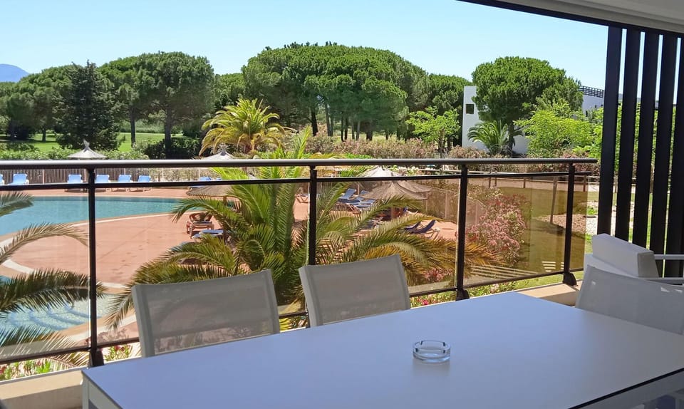 Patio, Spring, Day, Natural landscape, Garden, View (from property/room), Balcony/Terrace, Dining area, Garden view, Pool view, Swimming pool