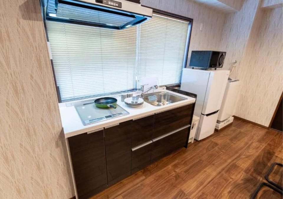 Dining area, microwave, stove, washing machine, air conditioner
