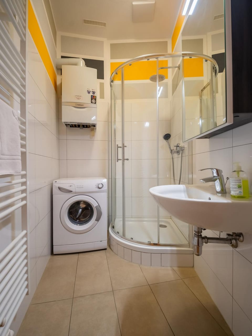 Shower, Bathroom, Decorative detail, hair dryier, towels, washing machine