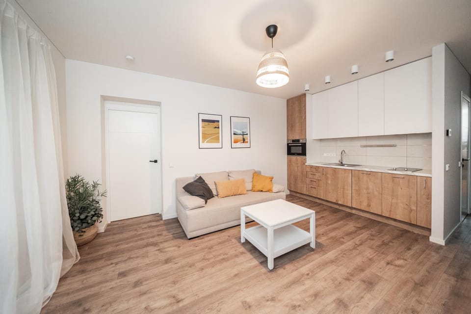 Kitchen or kitchenette, Living room, Seating area, oven, stove