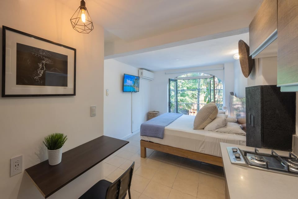 Toilet, Bed, TV and multimedia, Kitchen or kitchenette, Photo of the whole room, Decorative detail, Dining area, Bedroom, microwave, minibar, wardrobe