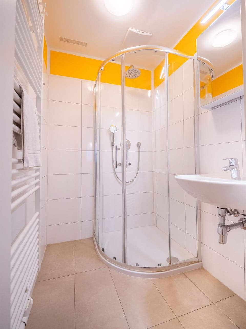 Shower, Bathroom, hair dryier, towels, washing machine