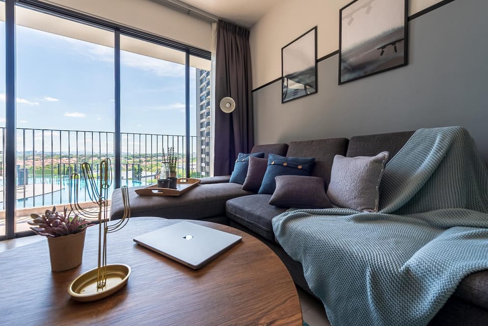 Living room, Seating area, Pool view