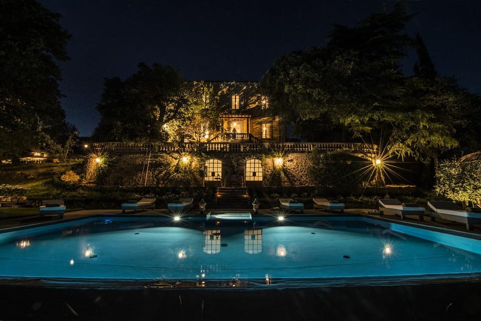 Property building, Night, Garden, Garden view, Pool view, Swimming pool