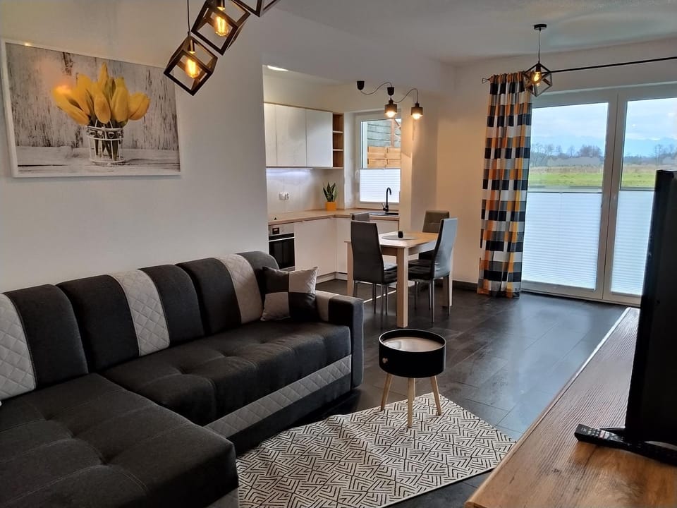 Kitchen or kitchenette, Living room, Seating area, Dining area