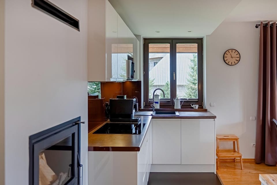 Kitchen or kitchenette, fireplace, microwave, stove, kitchen
