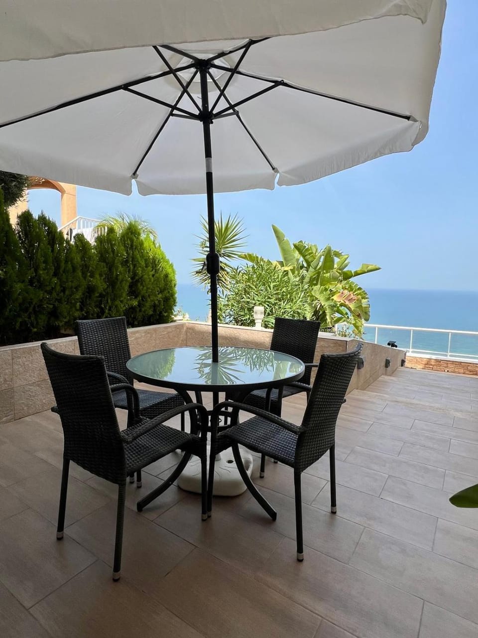 Patio, Day, Natural landscape, View (from property/room), Balcony/Terrace, Living room, Seating area, Dining area, Sea view