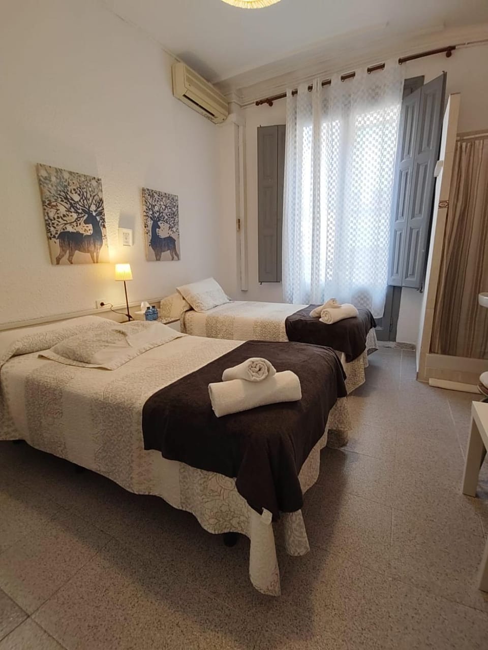 Bed, Photo of the whole room, Bedroom, towels, air conditioner