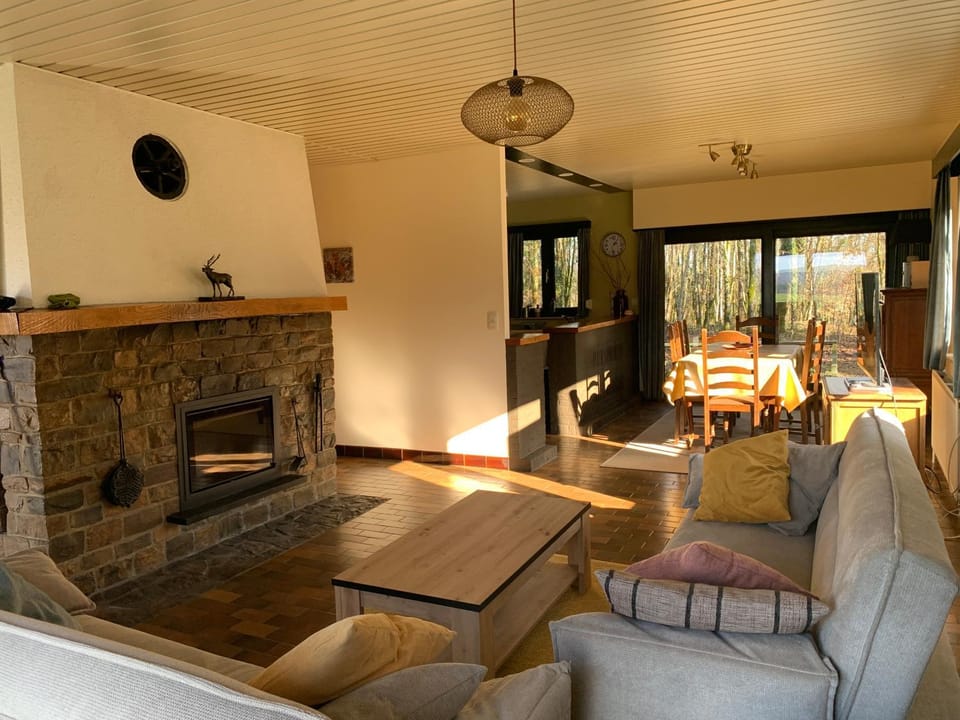 TV and multimedia, Living room, Seating area, Dining area, fireplace