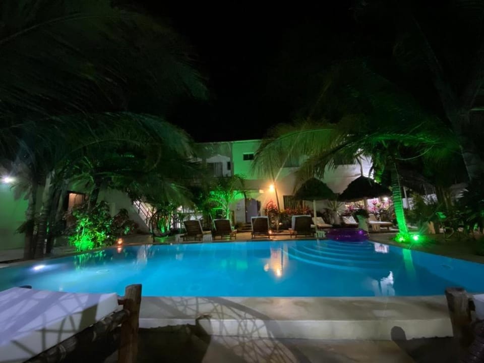 Night, Garden, Garden view, Pool view, Swimming pool, sunbed