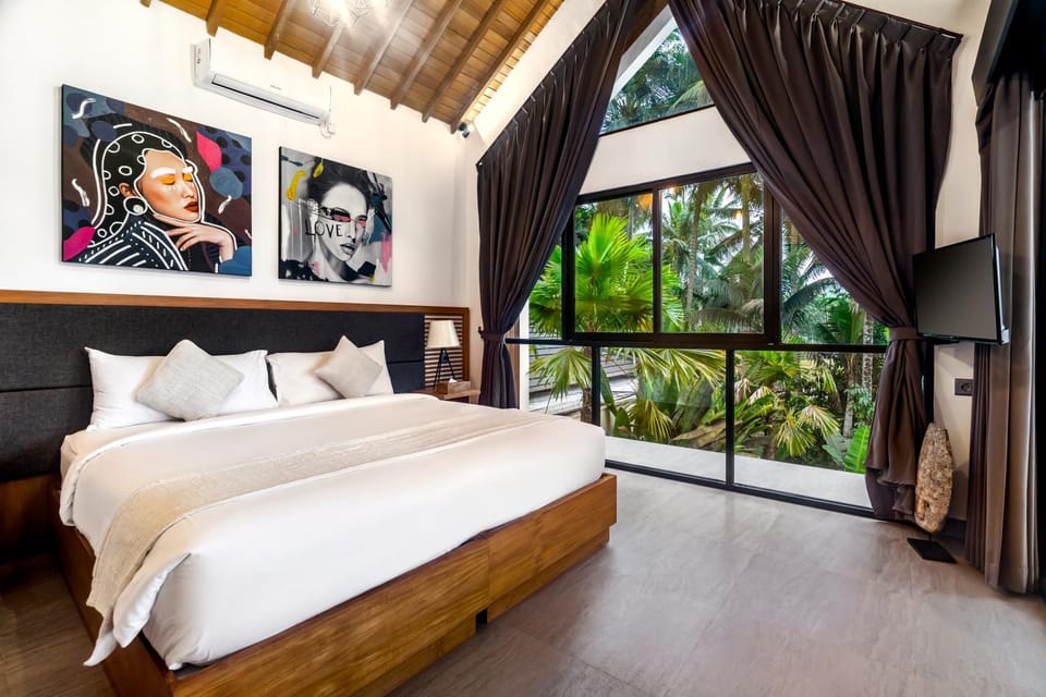 Bed, Decorative detail, Bedroom, Garden view