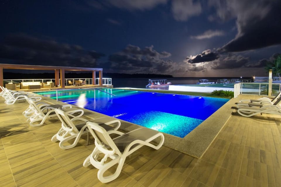 Night, Pool view, Swimming pool, sunbed