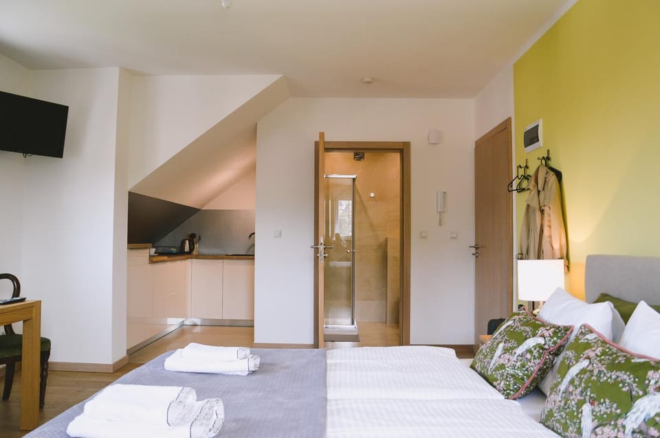 Bed, TV and multimedia, Photo of the whole room, Bedroom, towels, wardrobe, kitchen