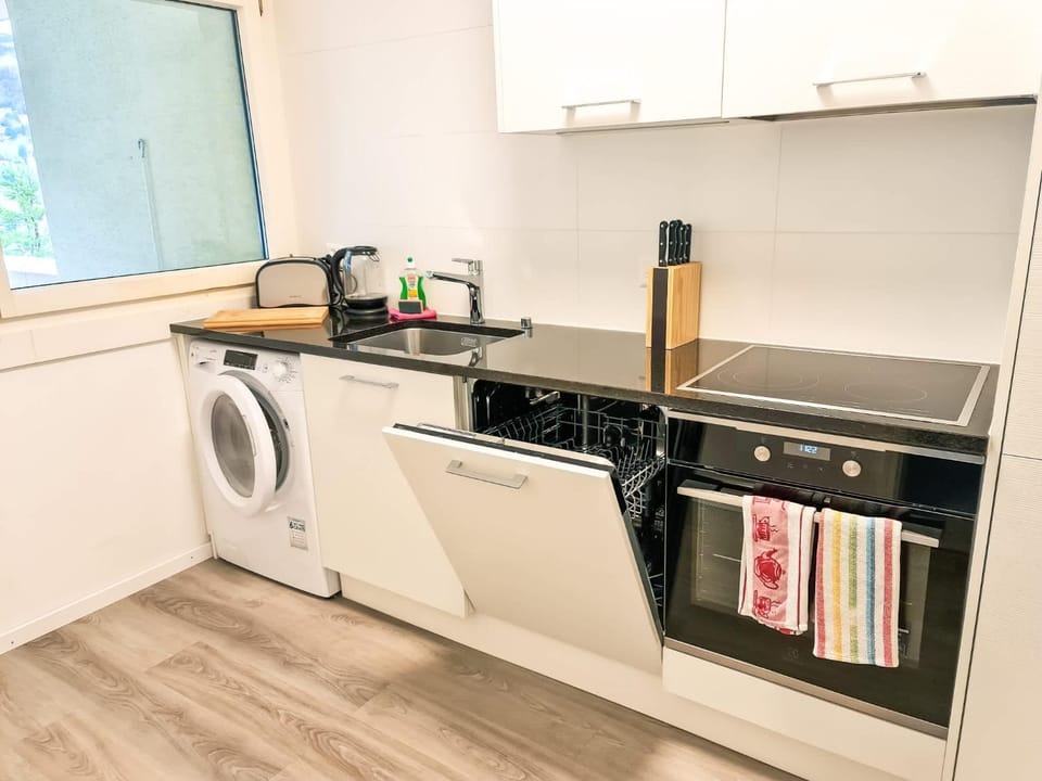 Kitchen or kitchenette, dishwasher, stove, washing machine, dryer