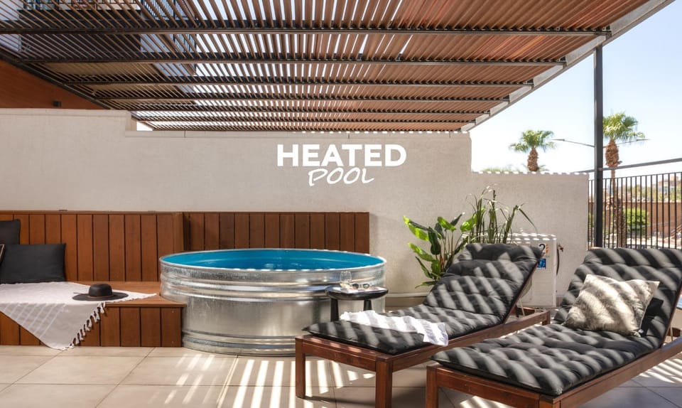 Patio, Day, Natural landscape, Hot Tub, Living room, Seating area, Text overlay, sunbed