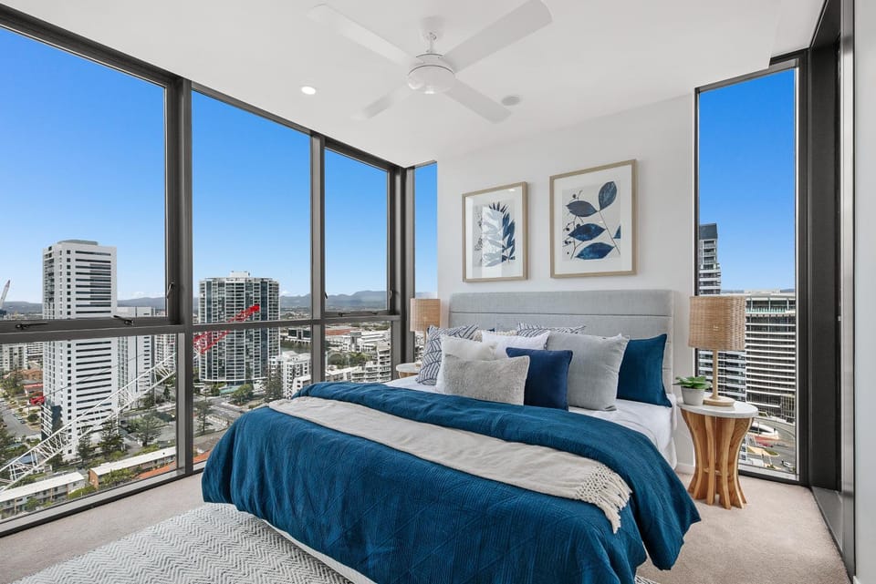 Bed, Bedroom, City view