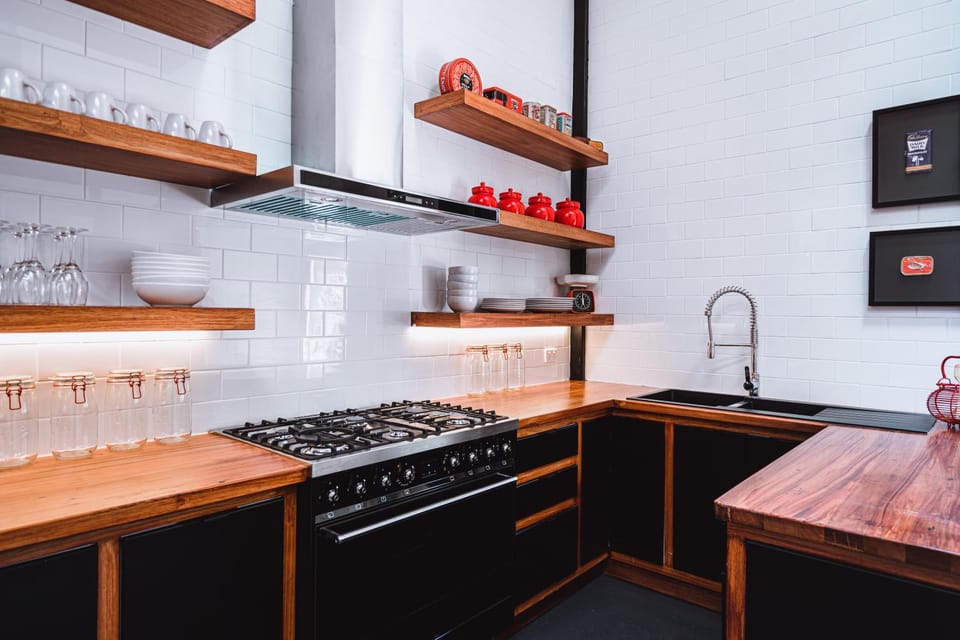 Kitchen or kitchenette, stove
