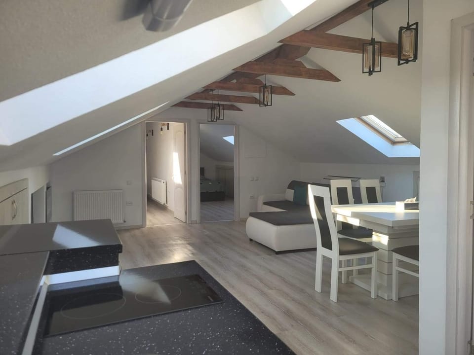 Kitchen or kitchenette, Living room, Seating area, Dining area