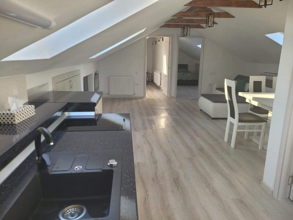 Kitchen or kitchenette, Living room, Seating area, Dining area