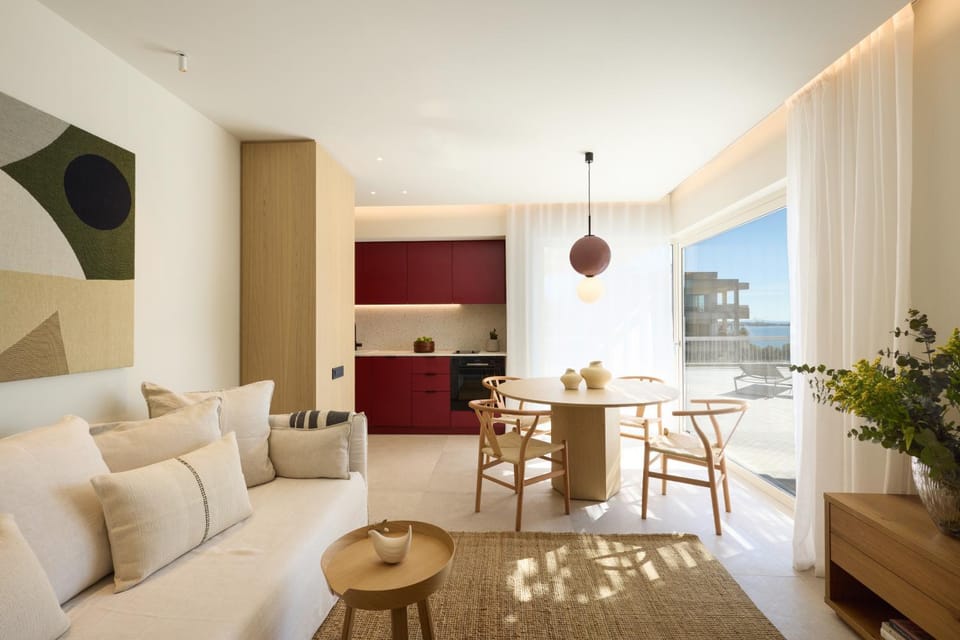 Kitchen or kitchenette, Living room, Seating area, Dining area, Sea view