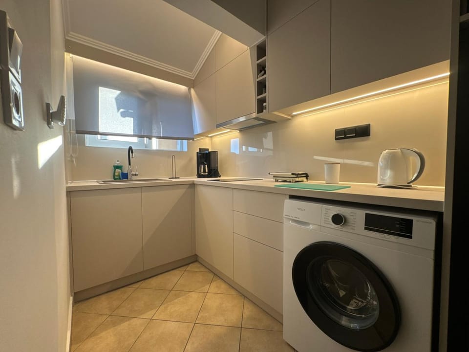 Kitchen or kitchenette, stove, washing machine