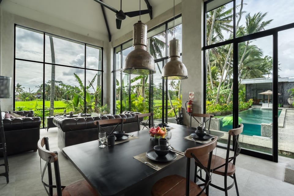 Living room, Seating area, Dining area, Pool view