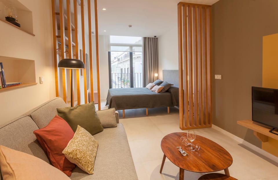 Bed, Living room, Bedroom, City view
