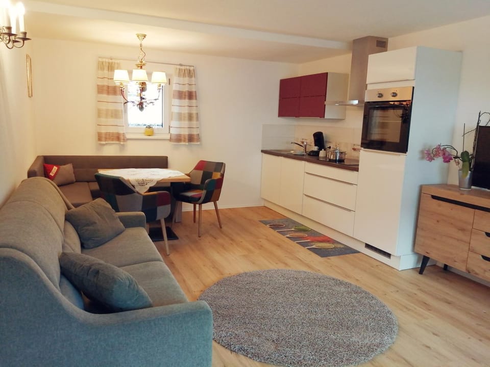 Kitchen or kitchenette, Living room, Seating area, Dining area