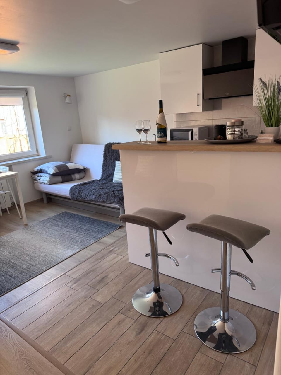 Kitchen or kitchenette, Living room, Seating area, Dining area