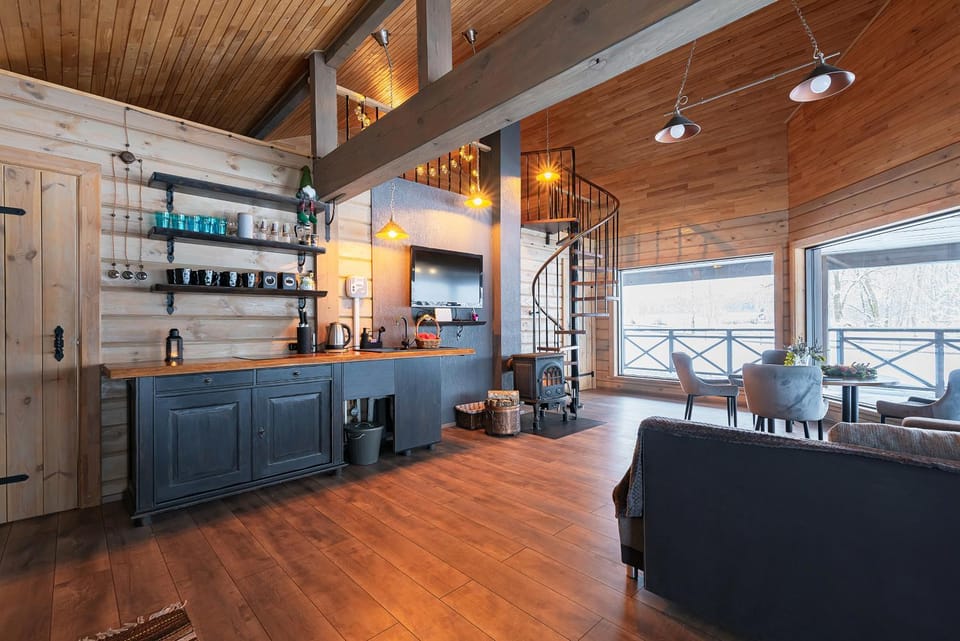 Kitchen or kitchenette, Living room, Seating area, Dining area