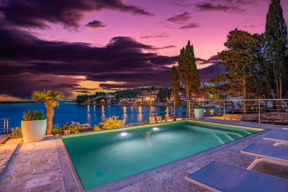 Night, Swimming pool, Sunset, sunbed