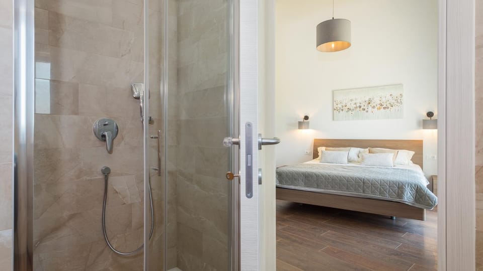 Shower, Bed, Bathroom, Bedroom