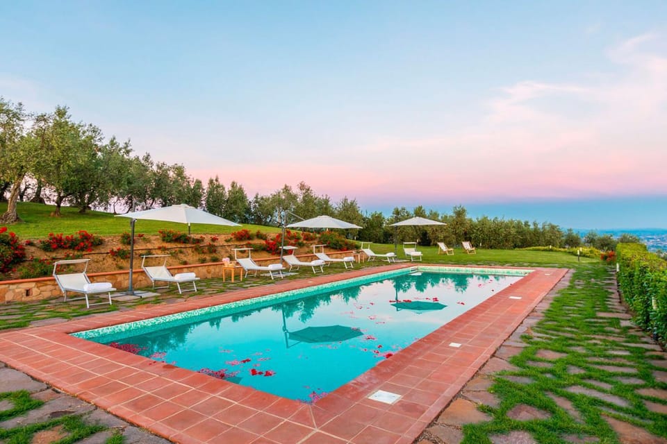 Pool view, Swimming pool, Sunset, sunbed