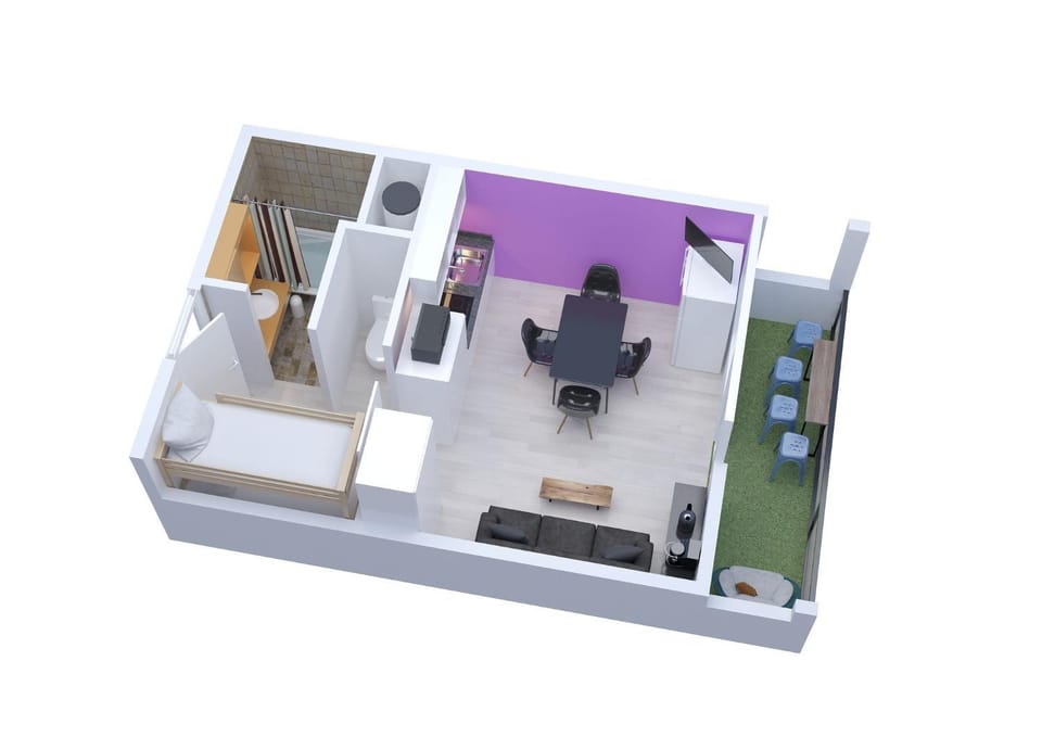 Bed, Living room, Photo of the whole room, Seating area, Floor plan, Bedroom