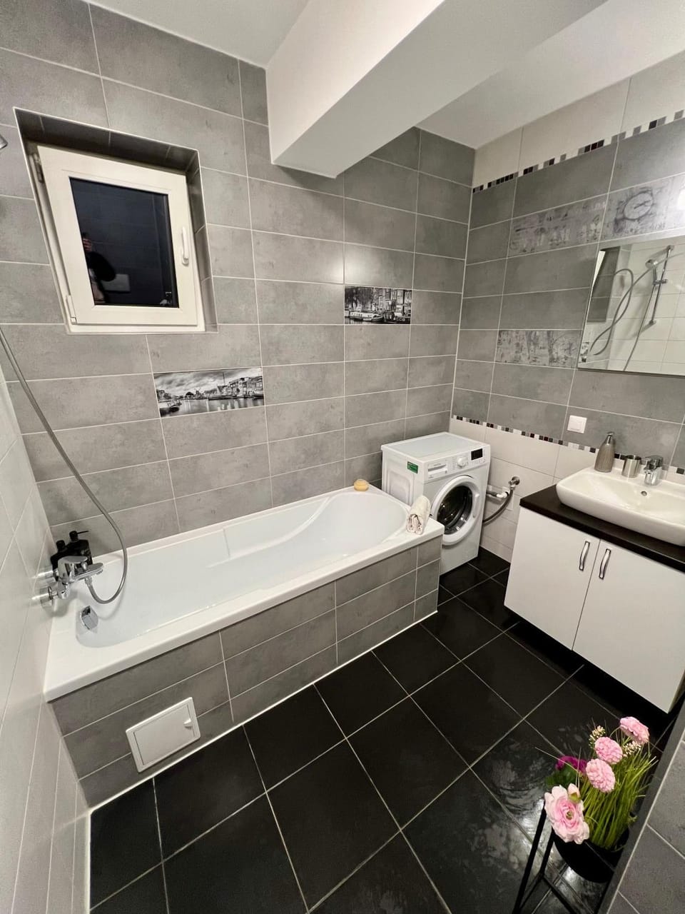 Shower, Toilet, Bath, towels, washing machine