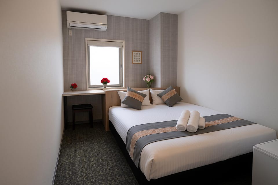 Photo of the whole room, Bedroom, towels, air conditioner