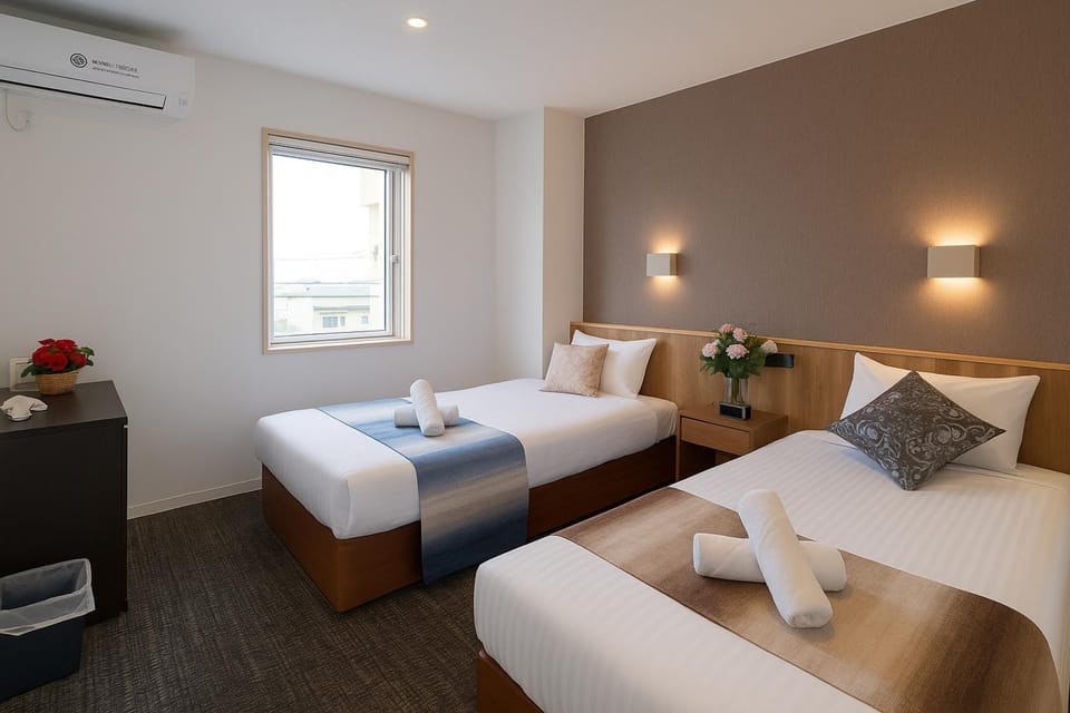 Bed, Photo of the whole room, towels, air conditioner