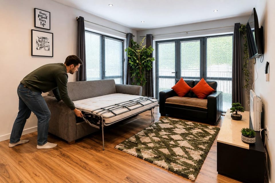 Bed, People, TV and multimedia, Living room, Seating area