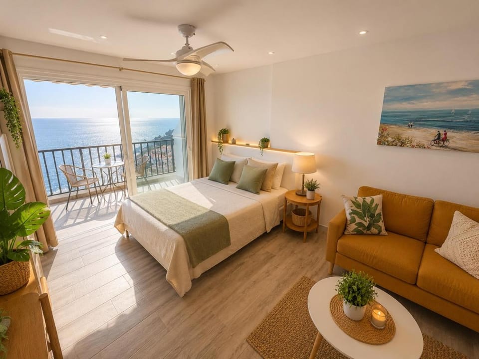 Bed, Natural landscape, Living room, Photo of the whole room, Bedroom, Sea view