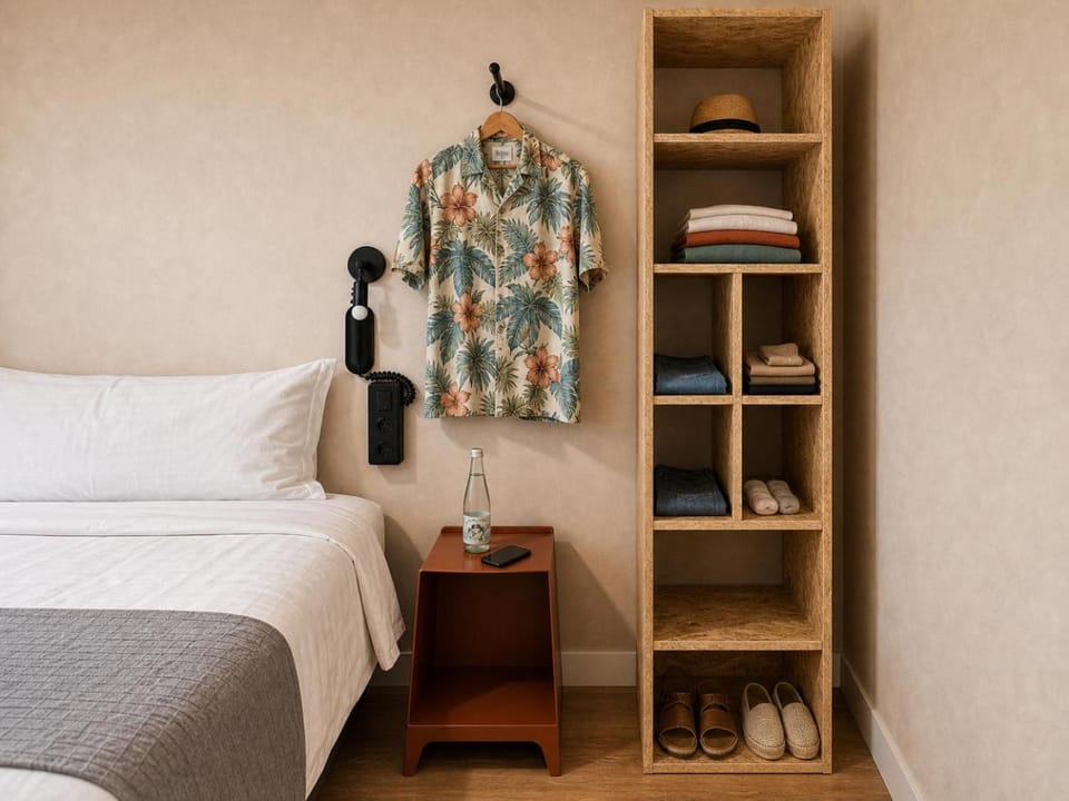 Bed, wardrobe
