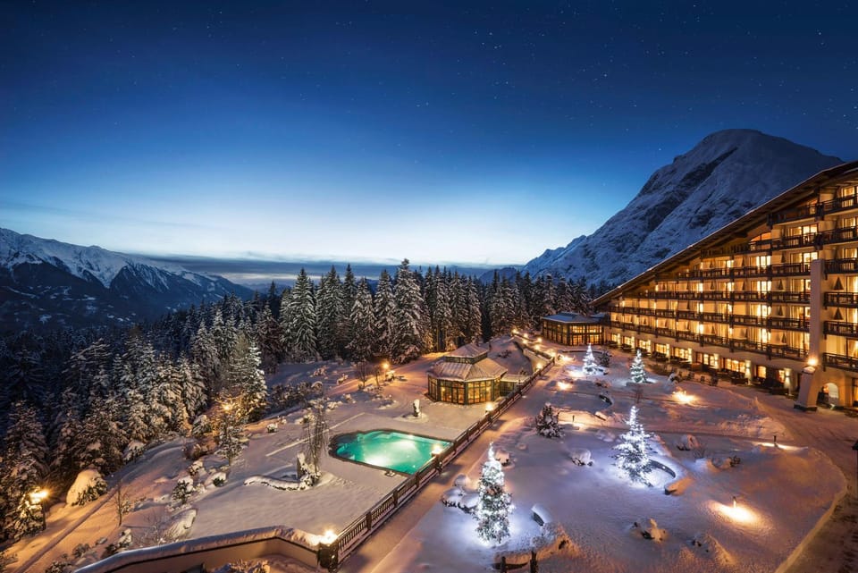 Property building, Night, Winter, On site, Mountain view, Pool view, Swimming pool